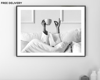 Vintage Woman Drinking Coffee In Bed Print, Luxury Fashion, Fine Art Photography Wall Art, Museum Quality, Classic Black and White Poster