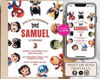 Invitación editable para fiesta de cumpleaños de superhéroes, temática de cómic (descarga digital)