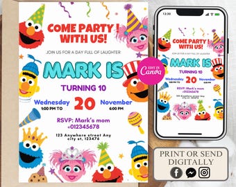 Invito di compleanno di Sesame Street modificabile, invito di compleanno di Elmo e amici, invito di Cookie Monster, invito di compleanno di Abby Cadabby, invito di Elmo