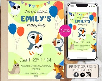 Invito di compleanno a tema Puffin Rock, invito per festa a tema modificabile (download digitale)
