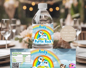 Etichette per bottiglie d'acqua con foto di Puffin Rock, etichetta per succo di frutta Puffin Rock, invito con etichetta per acqua, modello pacchetto Puffin Rock, invito di compleanno Puffin Rock