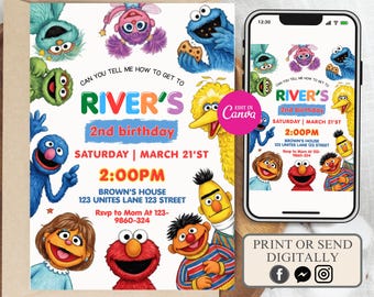 Invito di compleanno di Sesame Street modificabile, festa a tema Abby Cadabby, invito di compleanno di Elmo, invito di Cookie Monster, invito di Sesame Street per bambini
