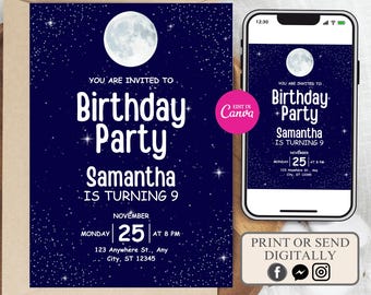May include: A birthday party invitation with a navy blue background, white stars, and a large white moon. The invitation reads "Birthday Party" and includes the name "Samantha" and the date of the party.