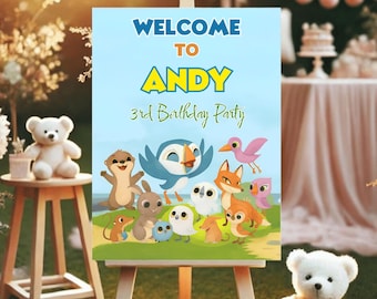 Cartello di benvenuto per la festa a tema Puffin Rock, cartello di benvenuto a tema uccelli Puffin Rock, invito di compleanno a tema Puffin Rock, festa di compleanno a tema Puffin Rock