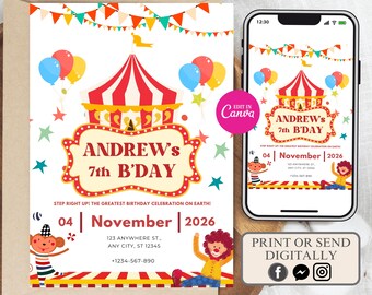 Invito di compleanno a tema Carnevale, invito per festa a tema circo (download digitale)