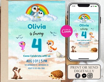 Invito di compleanno Puffin Rock modificabile, invito di compleanno Puffin Rock, festa di compleanno Puffin Rock, compleanno a tema Puffin Rock, festa di compleanno a tema animali