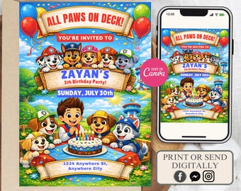 Invito di compleanno a tema Paw Patrol modificabile, invito per festa di salvataggio cani (download digitale)