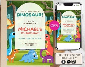Invito di compleanno a tema dinosauri modificabile, invito per festa giurassica con T-Rex (download digitale)