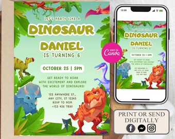 Invito di compleanno a tema dinosauri, invito modificabile per la festa del T-Rex (download digitale)