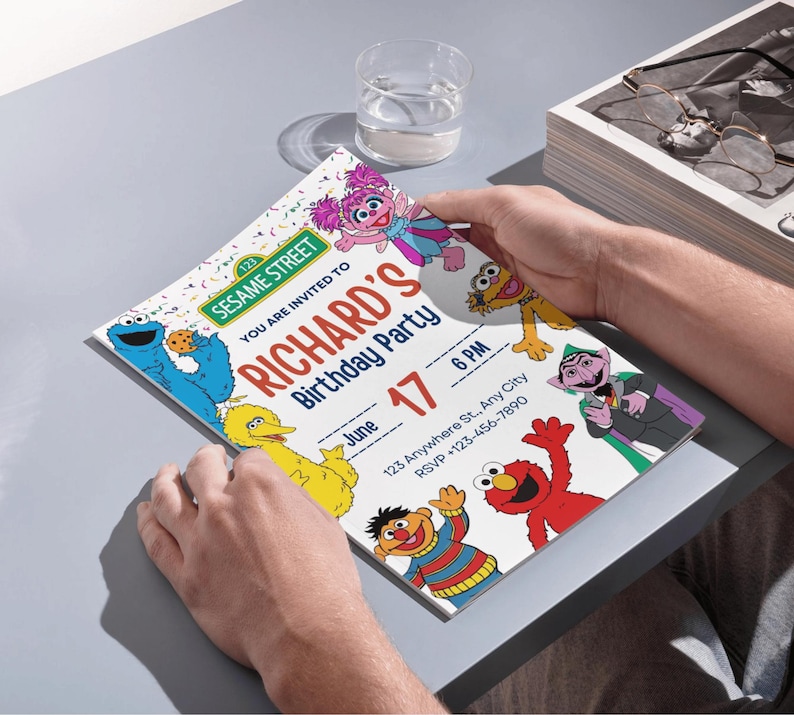 May include: A colorful Sesame Street birthday party invitation featuring Cookie Monster, Big Bird, Elmo, and other characters. The invitation reads "Richard's Birthday Party" with the date and time.