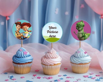 Decorazioni personalizzate per cupcake con foto di Buzz Lightyear, decorazioni per cupcake con il viso di Toy Story, decorazioni stampabili di Toy Story, invito di compleanno a tema Toy Story