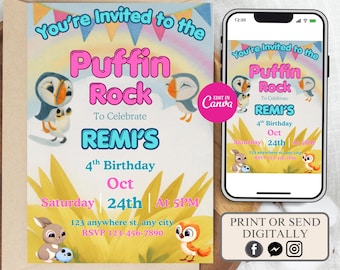 Invito di compleanno Puffin Rock modificabile, festa di compleanno a tema Puffin Rock, invito per bambini a tema uccelli, invito di compleanno Puffin Rock