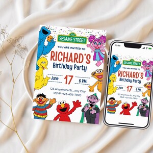 May include: A birthday party invitation featuring Sesame Street characters. The invitation includes the text "RICHARD'S Birthday Party" and details for the event. A smartphone displays the same invitation. The invitation is on a white background.