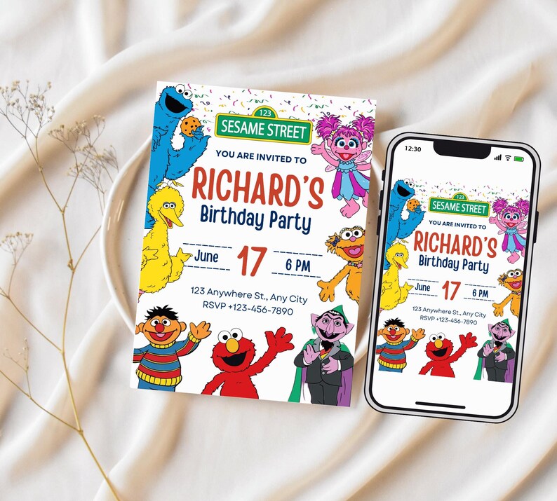 May include: A birthday party invitation featuring Sesame Street characters. The invitation includes the text "RICHARD'S Birthday Party" and details for the event. A smartphone displays the same invitation. The invitation is on a white background.