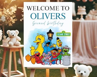 Poster di benvenuto con foto di Sesame Street, modello di cartello di compleanno di Elmo e amici, modello stampabile di Sesame Street, festa di compleanno di Abby Cadabby