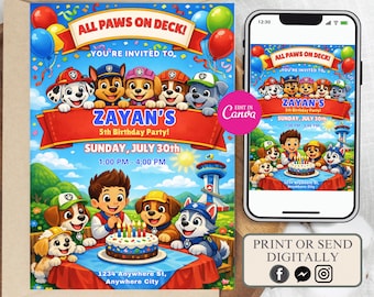 Invito di compleanno a tema Paw Patrol, modello modificabile in formato digitale su Canva (download digitale)