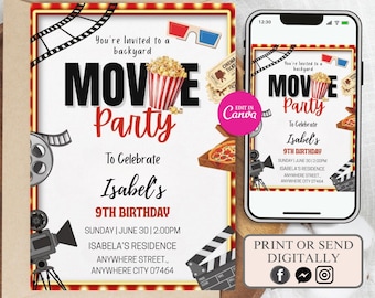 Invito modificabile per festa di compleanno con serata al cinema (download digitale)