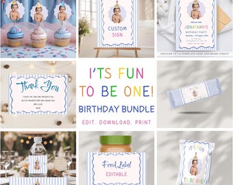 Set di inviti per il primo compleanno, Divertimento per il primo anno, Decorazioni per la festa del primo compleanno, Tema retrò colorato per la scuola primaria, Set di bomboniere stampabili