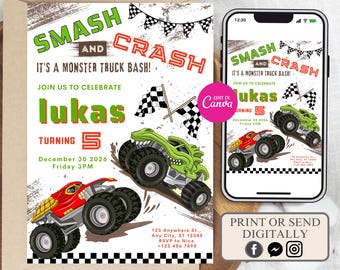 Invito di compleanno a tema Monster Truck modificabile (download digitale)