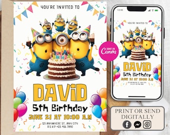 Modello modificabile per invito di compleanno dei Minions (download digitale)