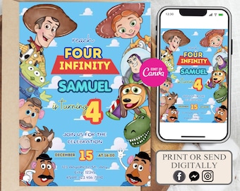 Invito di compleanno a tema Toy Story: Raggiungere l'infinito quattro, Invito di compleanno a tema Toy Story, Invito di compleanno a tema Toy Story modificabile, Invito di compleanno a tema Due Infinito e Oltre