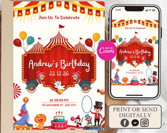 Invito di compleanno a tema Carnevale modificabile, invito per festa a tema circo (download digitale)