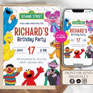May include: A birthday party invitation featuring Sesame Street characters. The invitation includes the text "Richard's Birthday Party" with the date June 17th at 6 PM. The design is available to print or send digitally.