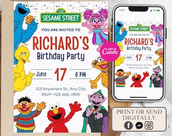 Invito di compleanno di Sesame Street modificabile, invito di compleanno di Elmo, invito di compleanno per bambini, invito per la festa di compleanno di Sesame Street, invito di Abby Cadaby