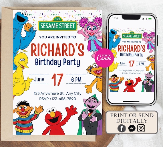 Editable Sesame street Birthday Invite, Elmo Birthday Invite, Kids Birthday Invite, Sesame Street Birthday Party Invite, Abby cadaby invite