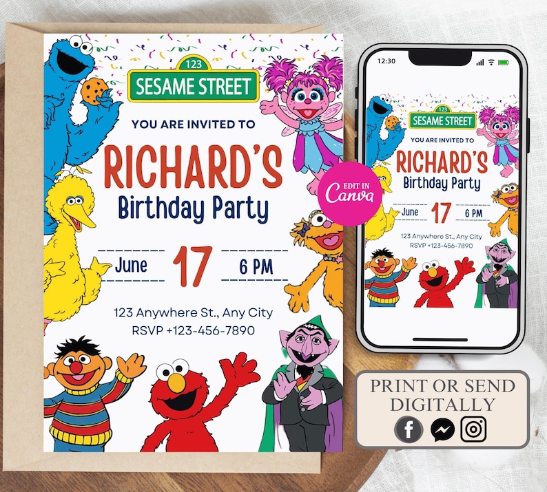 May include: A birthday party invitation featuring Sesame Street characters. The invitation includes the text "Richard's Birthday Party" with the date June 17th at 6 PM. The design is available to print or send digitally.