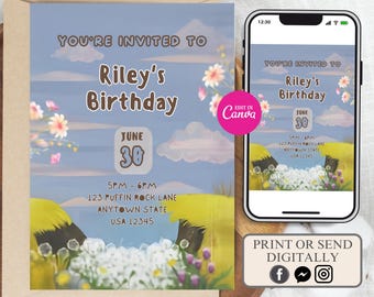 Invito Puffin Rock, Invito di compleanno Puffin Rock, Invito Puffin Rock modificabile per il 1° e 2° compleanno, Invito per la festa di compleanno Puffin Rock