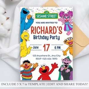 May include: A Sesame Street-themed birthday party invitation featuring the characters Cookie Monster, Big Bird, Elmo, and others. The invitation includes the text "RICHARD'S Birthday Party" with the date June 17th and time 6 PM. The invitation is a 5 x 7 inch template.