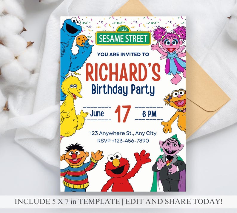 May include: A Sesame Street-themed birthday party invitation featuring the characters Cookie Monster, Big Bird, Elmo, and others. The invitation includes the text "RICHARD'S Birthday Party" with the date June 17th and time 6 PM. The invitation is a 5 x 7 inch template.