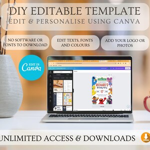 May include: A laptop displaying a colorful birthday party invitation template with Sesame Street characters. The image includes text that reads "DIY Editable Template" and "Edit & Personalise Using Canva". Additional text highlights features like no software needed and unlimited access.