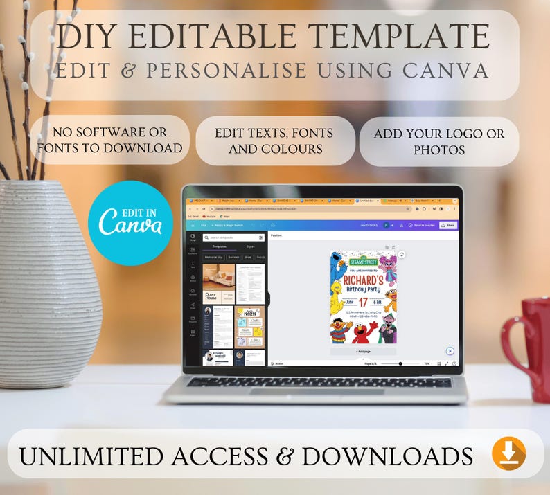 May include: A laptop displaying a colorful birthday party invitation template with Sesame Street characters. The image includes text that reads "DIY Editable Template" and "Edit & Personalise Using Canva". Additional text highlights features like no software needed and unlimited access.