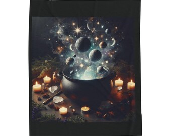 Celestial Cauldron Velveteen Blanket Black | Mystic Planets, Candles, Moon Magic