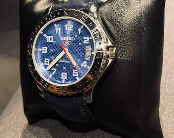 Refurbished Seiko 5 Automatic Watch ,Blue Dial Leather Band Vintage Men's Wristwatch.