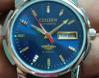 Vintage Citizen Automatic 21 Jewels Blue Dial Day/Date Japan Made Men's Wrist Watch.