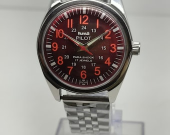 Rare Vintage HMT Pilot Men's Wrist  Watch Red Dial,17 Jewels Hand winding .
