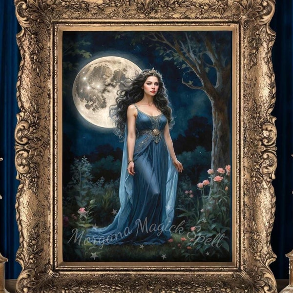 MOON GODDESS Fantasy Wicca Wall Art, Uso comercial, Cuatro tamaños, Ilustración digital en acuarela, Decoración del hogar, Divina femenina imprimible