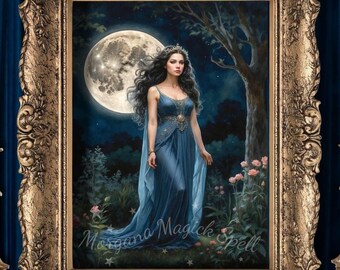 MOON GODDESS Fantasy Wicca Wall Art, Commercial Use, Four Sizes, Digital Watercolor Illustration, Home Decor, Divine Feminine Printable