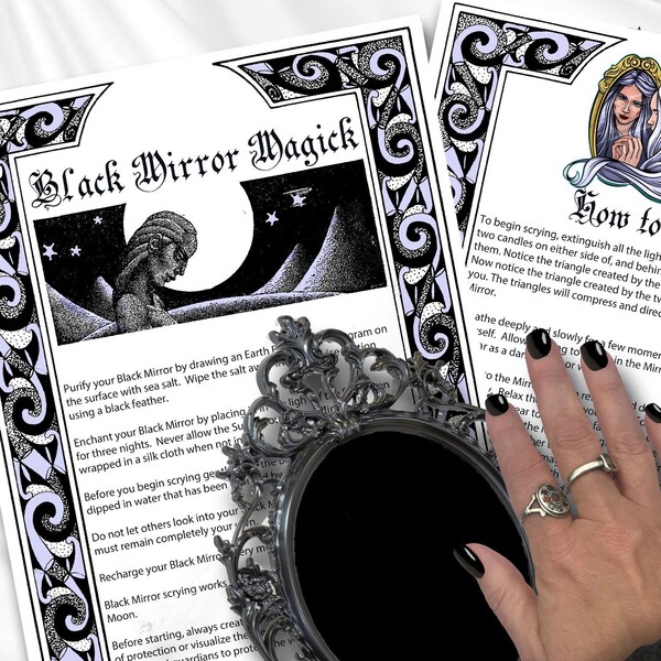 BLACK MIRROR Magic, 2 Printable Pages, Wicca Witchcraft Scrying Mirror Divination, Mirror Cleansing and Charging,  Spirit World Magic