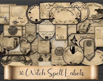 30 Witchy SPELL LABELS | Personalize your spells, potions and witchy cabinet | Spell Ingredient Witchcraft Tags | Witch Bottle Labels