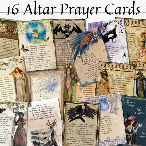 ALTAR PRAYER CARDS, 16 Printable Goddess and God Cards, Gratitude & Affirmations for Guidance, Spiritual Growth, and Divine Inspiration