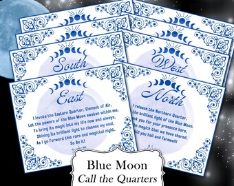 BLUE MOON Call the Quarters, 8 Printable Cards, Cast a Magic Circle, Call and Dismiss the Elements or Wicca Watchtowers