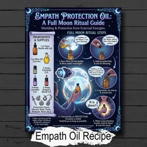 May include: A poster titled "EMPATH PROTECTION OIL: A Full Moon Ritual Guide". It outlines a ritual using ingredients such as olive oil, essential oils, and a protection charm. The poster provides steps and instructions for the ritual.