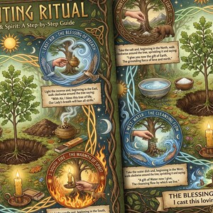 Illustrated guide to a planting ritual with various elements and text.
