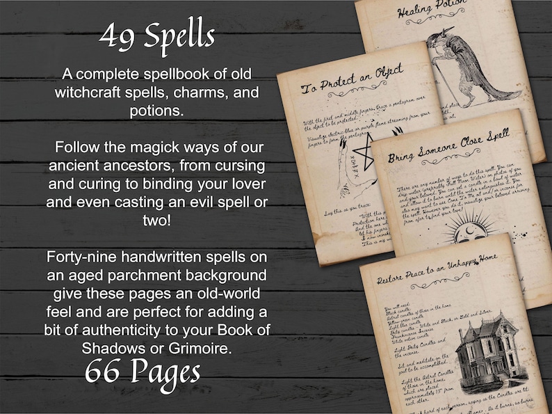 49 Old Witch spells are displayed stacked on top of each other.  The pages are of ancient parchment with vintage illustrations and spidery handwritten font- Morgana Magick Spell