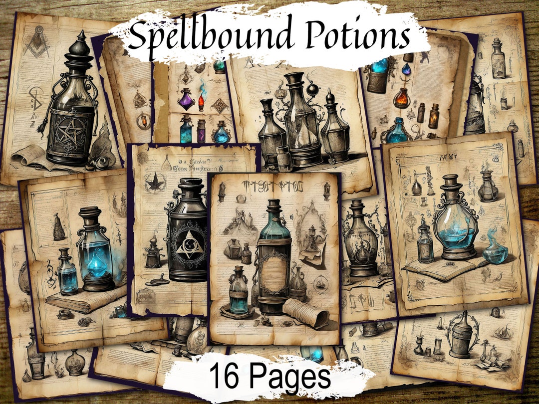 SPELLBOUND POTIONS, Junk Journal Pages, Apothecary Bottles, Fantasy