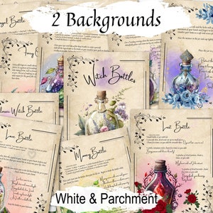 WITCH  BOTTLES Bundle, 12 Original Spells, 17 Pages, Printable Kitchen Witch Spell Bottles, comes with both a white and parchment background - Morgana Magick Spell
